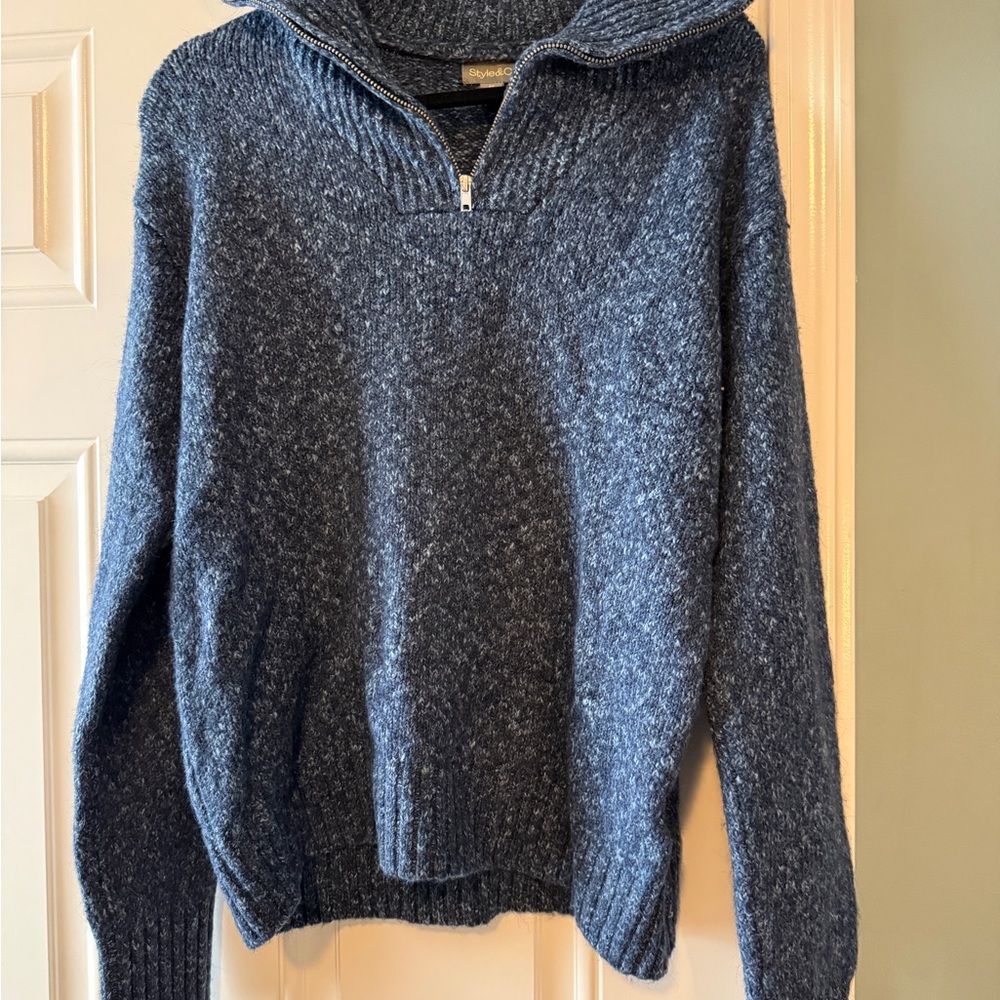 Style & Co Women's Funnel-Neck Zip-Up Sweater Cozy Blue Half-Zip Sweater size 0X